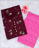 Cotton Wine Printed Kurti Set